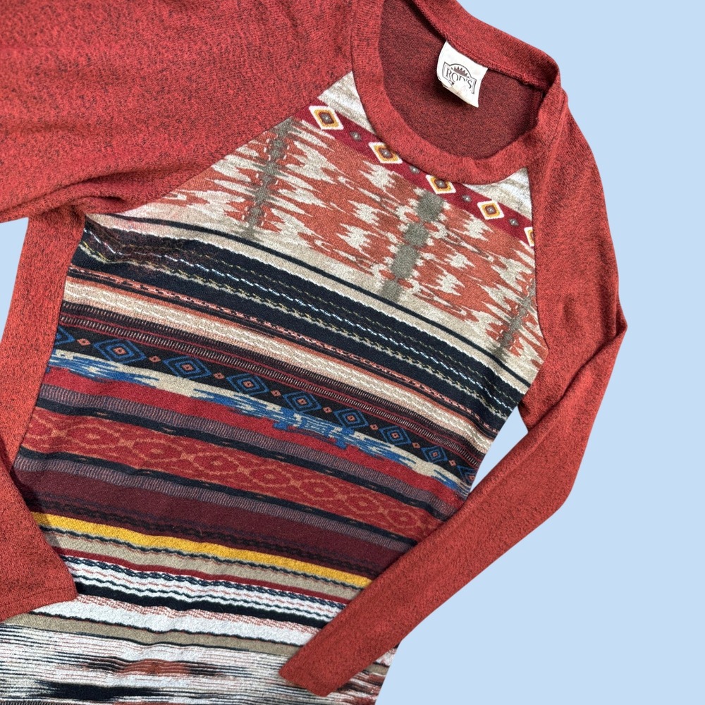 Vintage‎ Rod's Western Top Woman S Red Southwestern Aztec Raglan Long Shirt